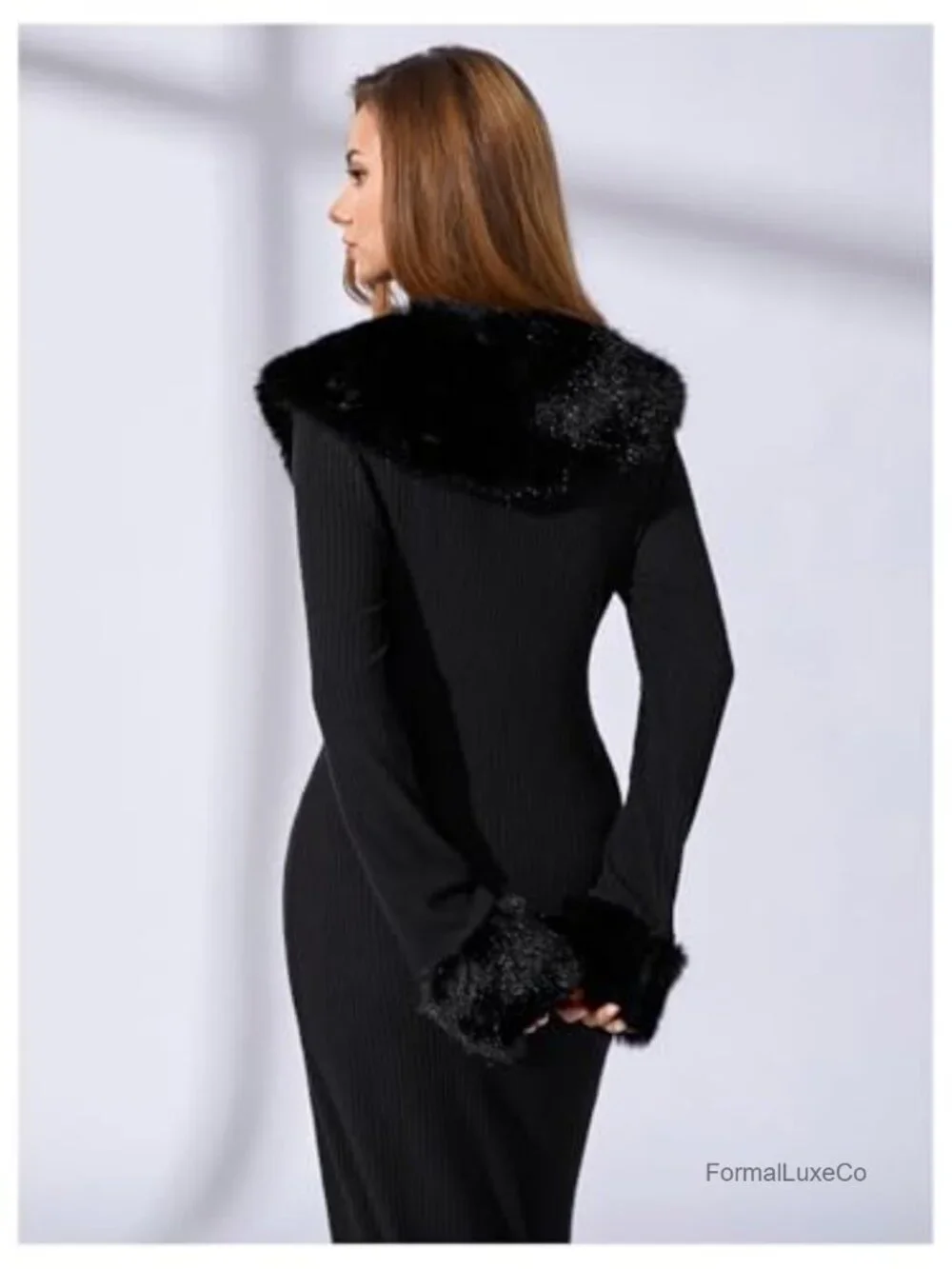 Y2K Long Cardigan with Faux Fur Trim Open Front Knit Sweater